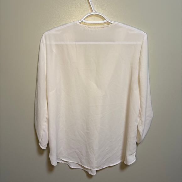 Lush White Semi-sheer 3/4 Sleeve V Neck Blouse Large Feminine Flowy Spring Light - Picture 2 of 10